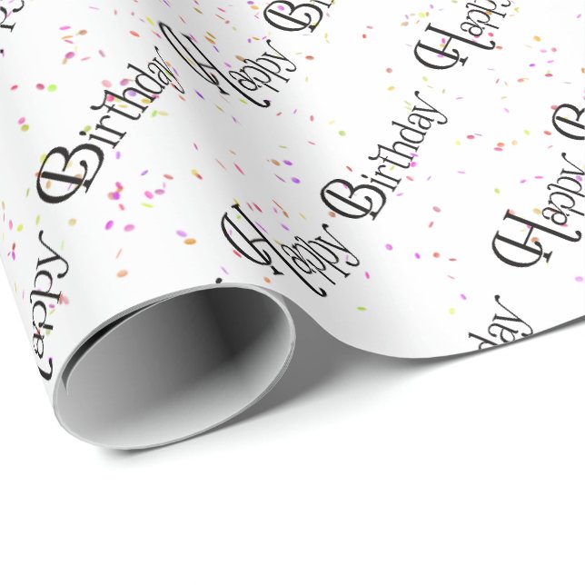 Papier Cadeau Joyeux texte d'anniversaire avec confetti en blanc (Coin rond)