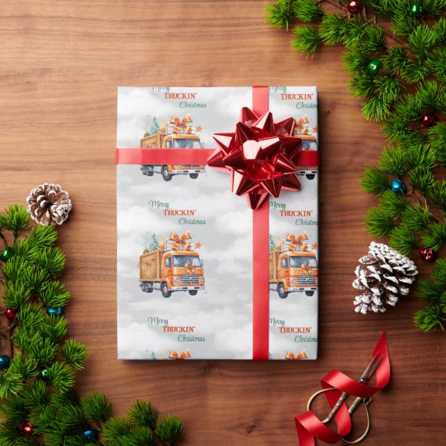 Papier Cadeau Joyeux Truckin Semi orange de Noël (Cadeau de vacances)