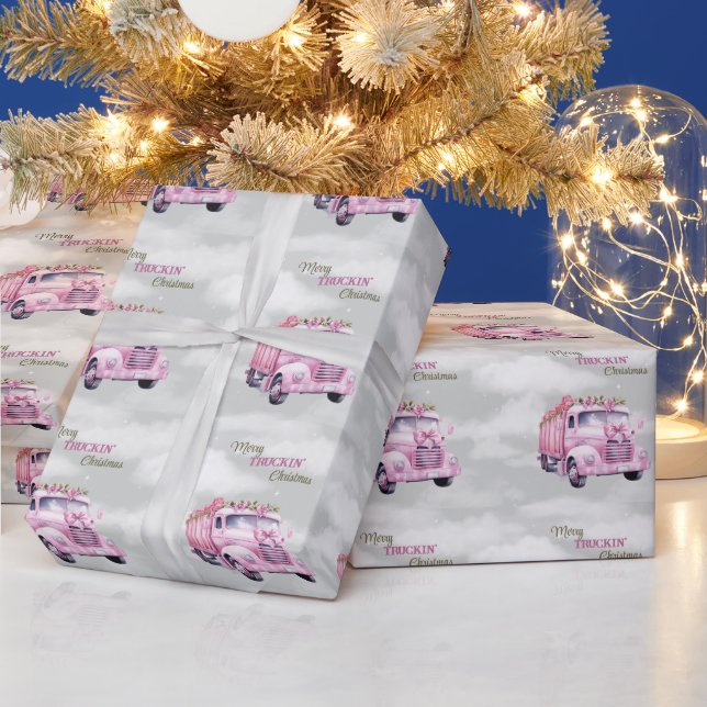 Papier Cadeau Joyeux Truckin Semi rose de Noël (Vacances)