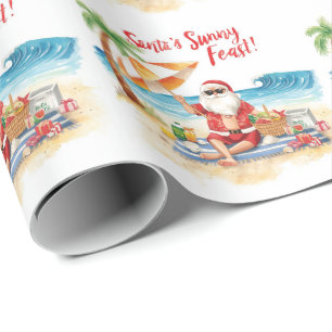 Papier Cadeau Joyeux vacances été Père Noël à la plage