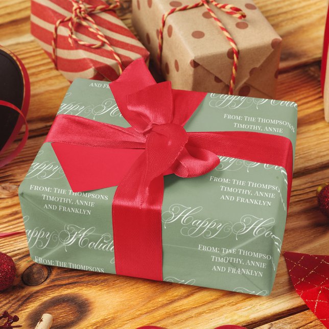 Papier Cadeau Joyeux Vacances Green Script personnalisé (Happy Holidays Custom wrapping paper. )