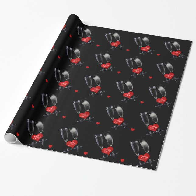 Papier Cadeau Joyeux Valentine Champagne Flute Lunettes Coeurs r (Déroulé)