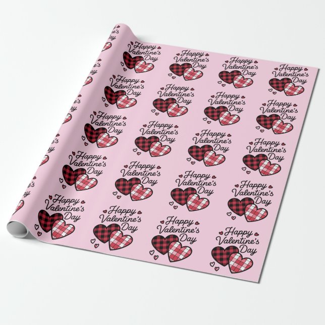 Papier Cadeau Joyeux Valentines Jour léopard Plaid Coeur d'amour (Déroulé)