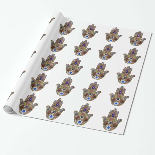 Papier Cadeau Judaica Hamsa Coeurs Fleurs Opal Art Imprimer (Déroulé)