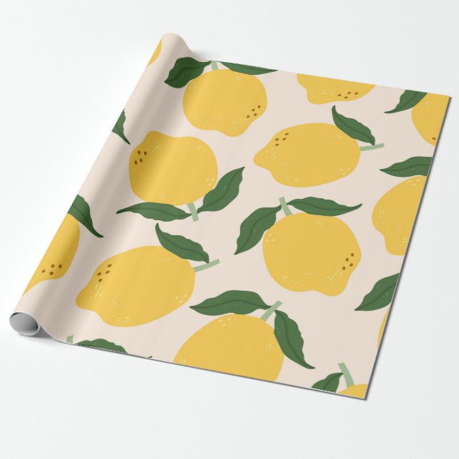 Papier Cadeau Juicy yellow Lemons, green leaves. Fresh tasty fru (Déroulé)