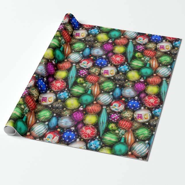Papier Cadeau Jumble d'ornement de Noël rétro (Déroulé)