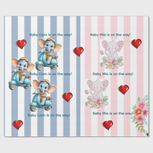 Papier Cadeau Jumeaux Rayure Bleue Rose Éléphant
