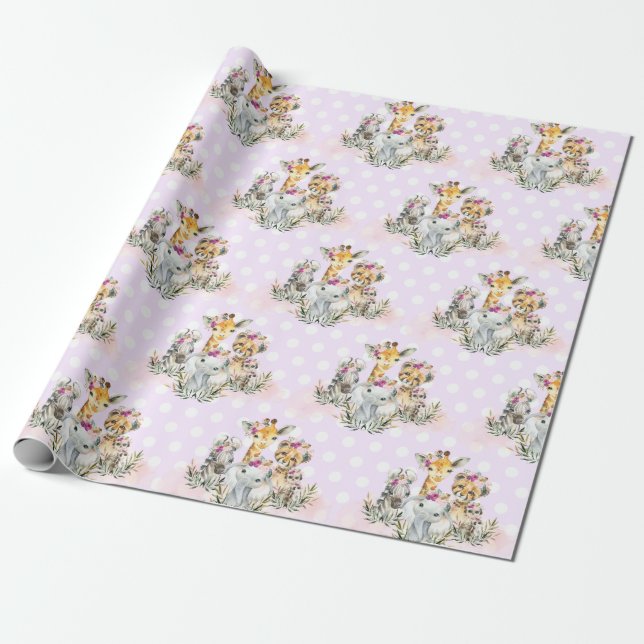 Papier Cadeau Jungle tropicale Animaux sauvages Baby Girl Annive (Déroulé)