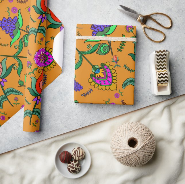 Papier Cadeau Kalamkari Fleurs d'anniversaire colorées Jaune (Artisanat)