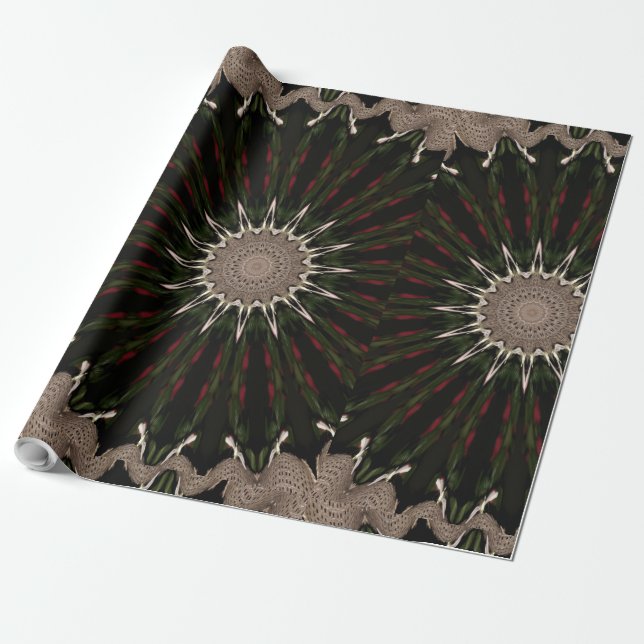 Papier Cadeau Kaleidoscope Design Vert foncé Rouge Brown (Déroulé)