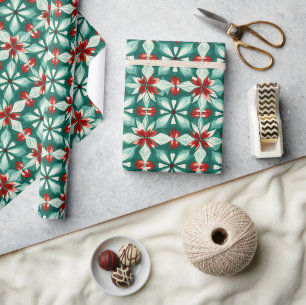 Papier Cadeau Kaleidoscope Poinsettia Green Red Motif cadeau