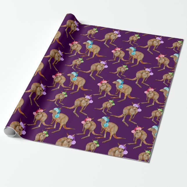 Papier Cadeau Kangaroos avec chapeau de Père Noël (Déroulé)