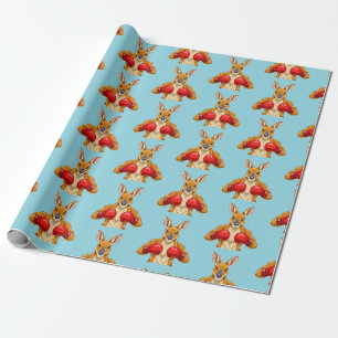Papier Cadeau Kangourou animé avec des gants de boxe rouges