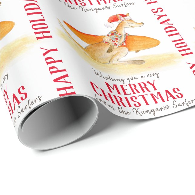 Papier Cadeau Kangourou de surf mignon aquarelle Noël (Coin rond)