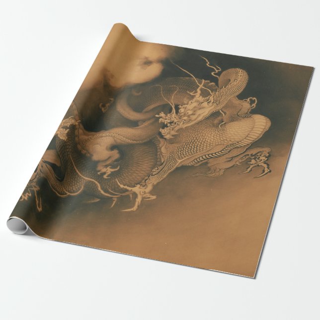 Papier Cadeau Kanō Hōgai deux dragons dans les nuages (Déroulé)