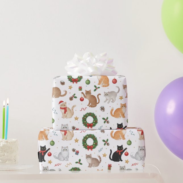 Papier Cadeau Kawaii Cats & Christmas Decorations Wrapping Paper (Cadeaux de fête)
