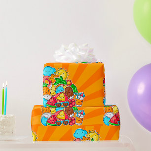 Papier Cadeau Kawaii Dessins Estivaux Plage Ensoleillée et Tropi