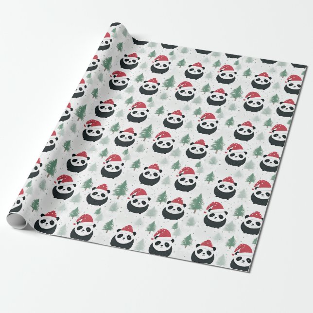 Papier Cadeau Kawaii Panda Père Noël motif des vacances d'hiver (Déroulé)