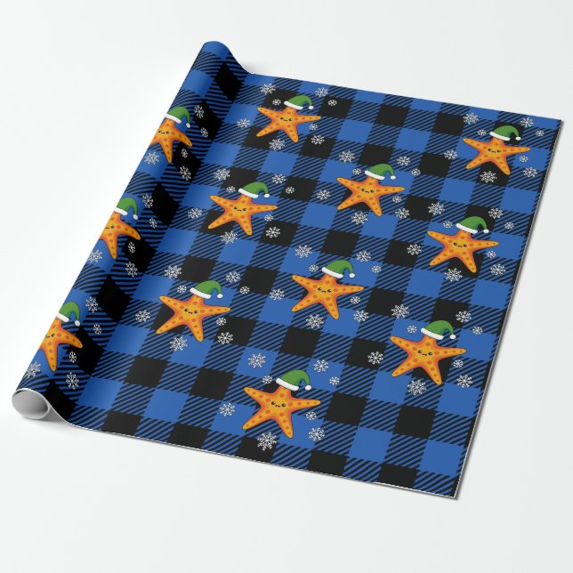 Papier Cadeau Kawaii Xmas Starfish sur Blue Buffalo Motif (Déroulé)