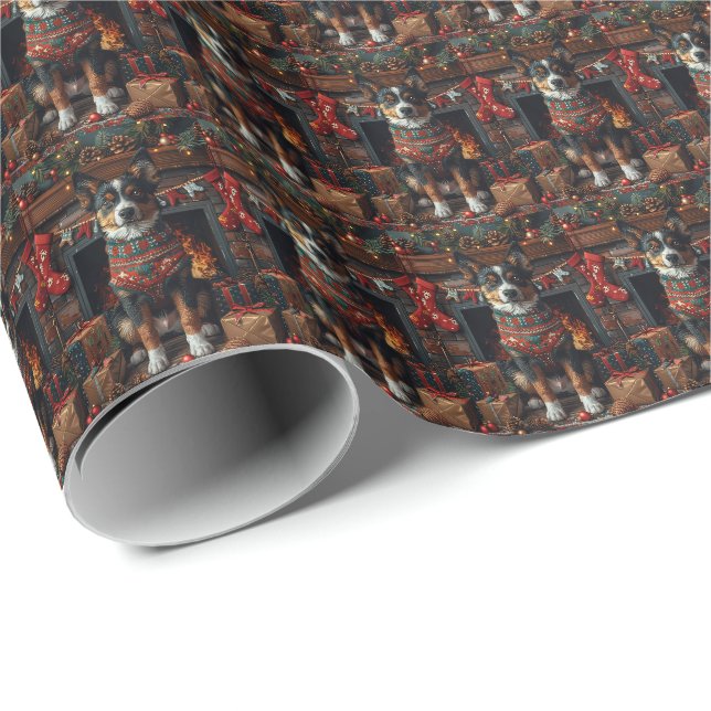 Papier Cadeau Kelpie australienne avec foyer cadeau de Noël (Coin rond)