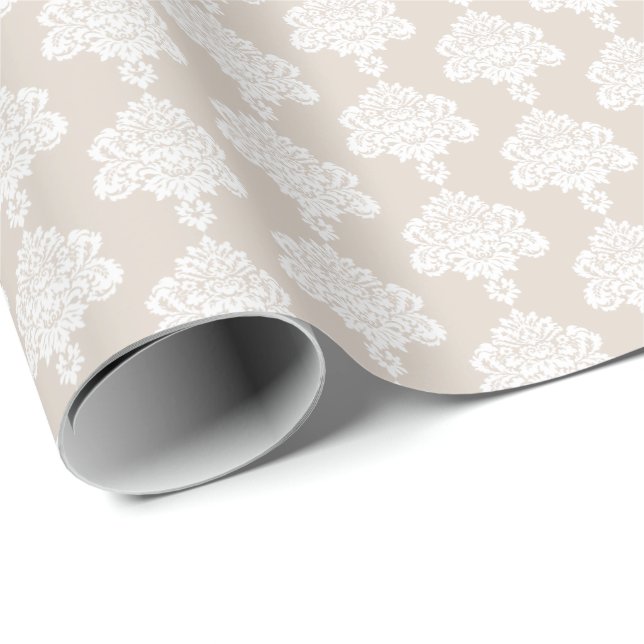 Papier Cadeau Khaki léger | Papier d'enveloppement blanc Damas (Coin rond)