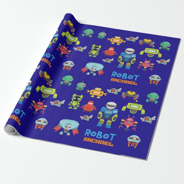 Papier Cadeau Kids ROBOT nommé Royal Blue Cartoon Drôle Robots (Déroulé)