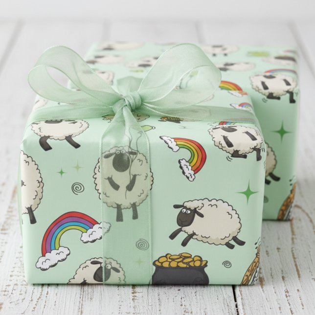 Papier Cadeau Kids St. Patrick’s Day Sheep & Shamrocks (Kids Green St Patrick's Day Wrapping Paper. Cute Irish Sheep, Shamrocks, Rainbow, Four Leaf Clovers)