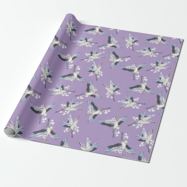 Papier Cadeau Kimono Art violet de grue japonaise (Déroulé)