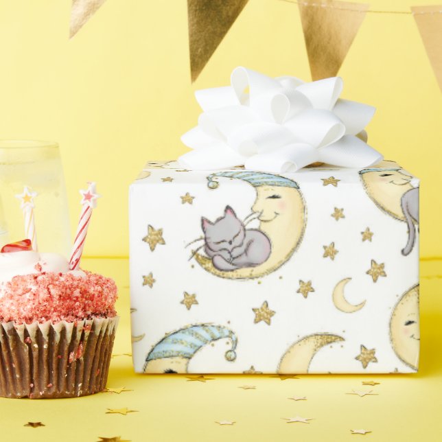 Papier Cadeau Kitten assis sur l'homme dans la lune (Fête d'anniversaire)
