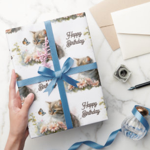 Papier Cadeau Kitten d'anniversaire avec papillon