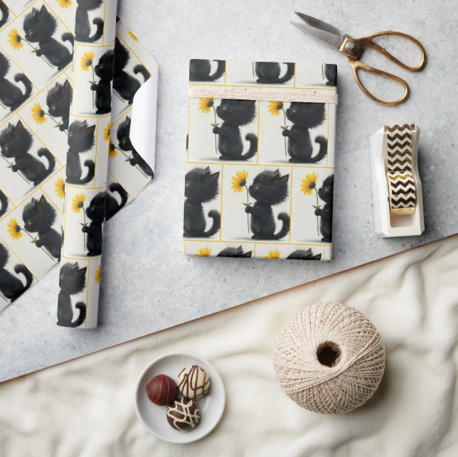 Papier Cadeau Kitten noir avec marguerite jaune (Artisanat)