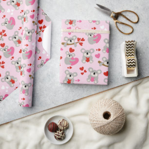 Papier Cadeau Koala Bears Saint Valentin Coeurs rouges roses