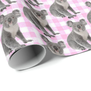 Papier Cadeau Koala Bears sur Pink Ginhgam