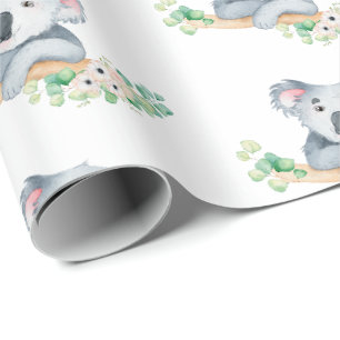 Papier Cadeau Koala d'aquarelle avec le feuille et les fleurs de