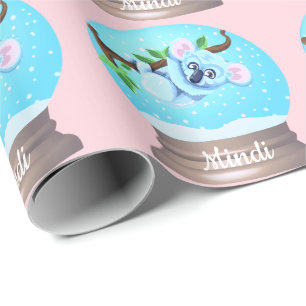 Papier Cadeau Koala ours mignon globe neigeux rose girly