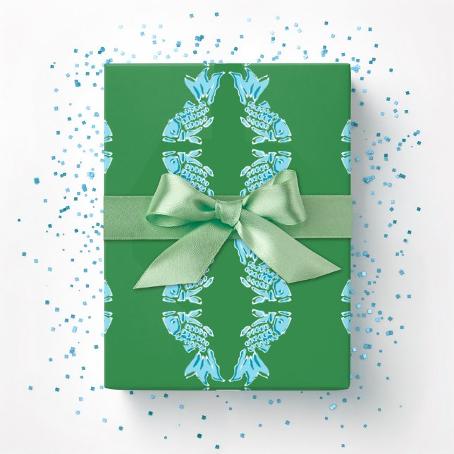 Papier Cadeau Koi Fish Chinoiserie Ogee in Green and Aqua (Créateur téléchargé)