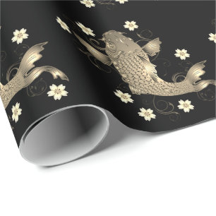 Papier Cadeau Koi poisson oriental noir et or floral élégant