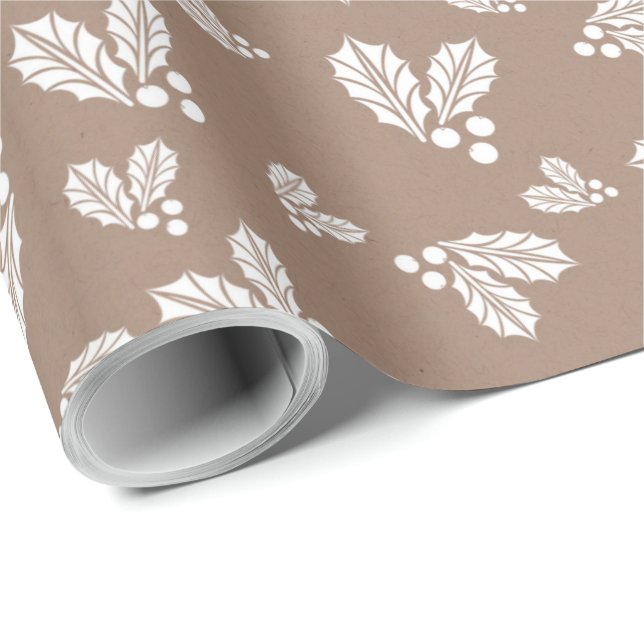 Papier Cadeau Kraft hiver blanc Noël Holly Élégant (Coin rond)