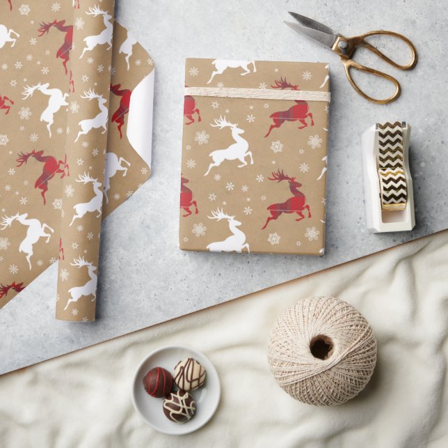 Papier Cadeau Kraft Papier de rennes Tartan Rouge/Blanc ID589 (Artisanat)
