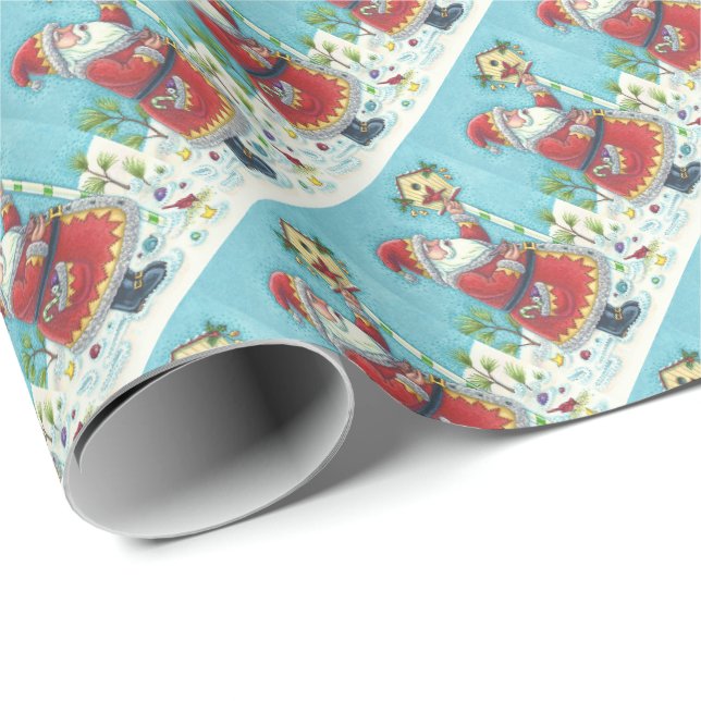 PAPIER CADEAU KRIS KRINGLE & CARDINAL BIRDHOUSE WRAPPER PAPIER (Coin rond)