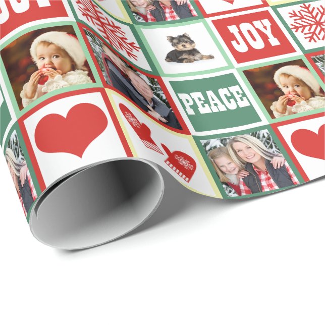 Papier Cadeau La joie de Noël ajoutent quatre photos de famille (Coin rond)