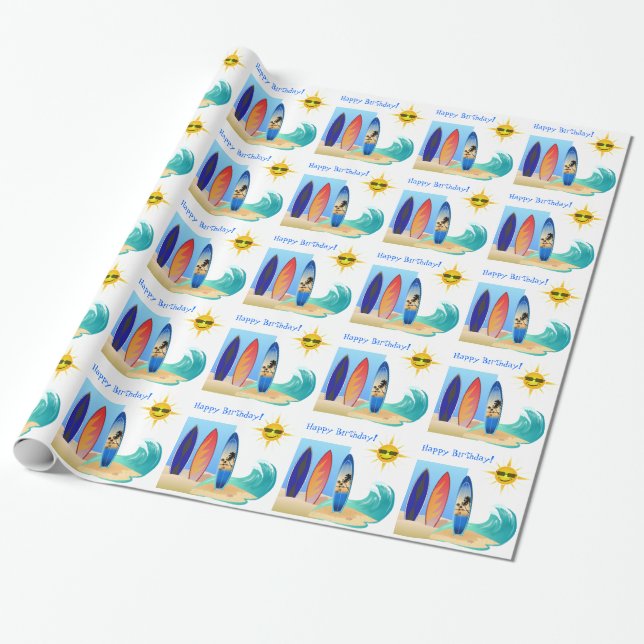 Papier Cadeau La planche de surf ondule et anniversaire de plage (Déroulé)