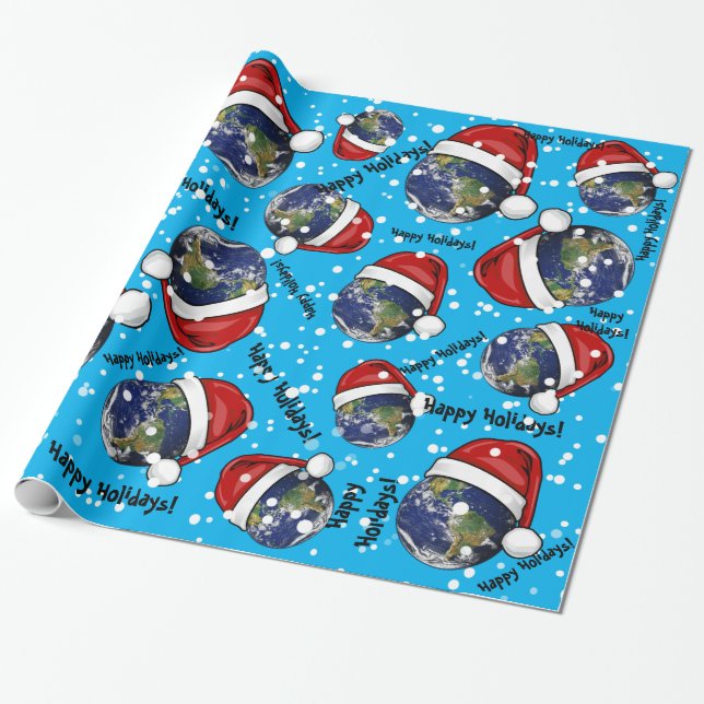 Papier Cadeau La terre portant Noël de casquette de Père Noël (Déroulé)