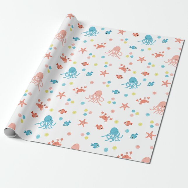 Papier Cadeau La vie d'océan - motif de calmars et d'étoiles de (Déroulé)