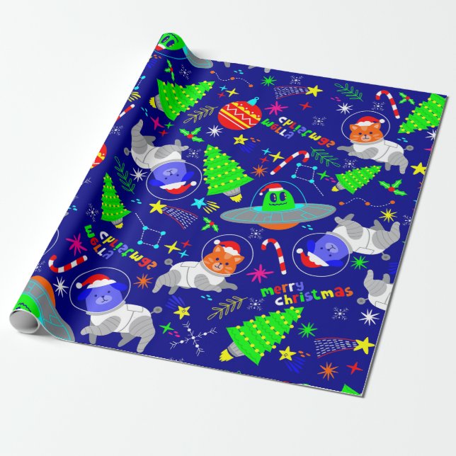 Papier Cadeau laide alien de Noël père Noël chat chien (Déroulé)