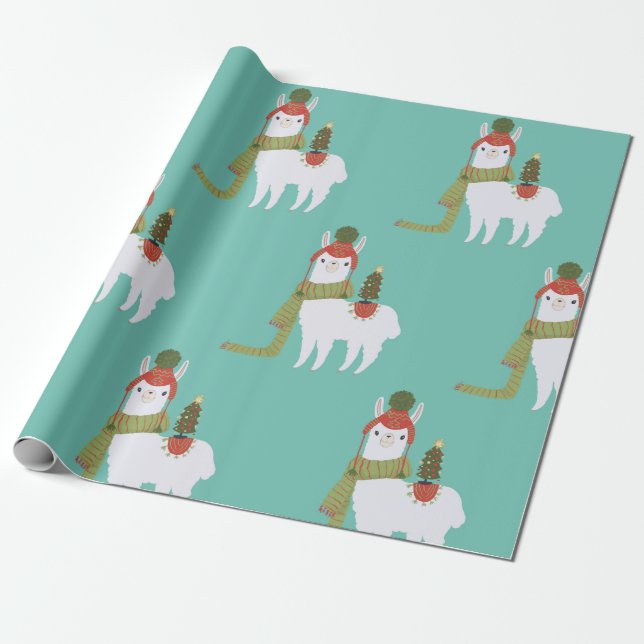 Papier Cadeau Lama Teal de Noël (Déroulé)