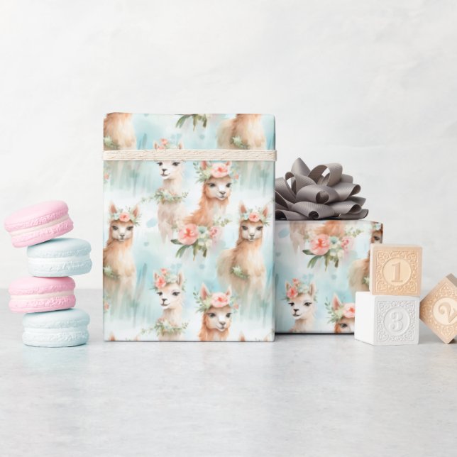 Papier Cadeau Lamas d'aquarelle mignonne - (Baby Shower)