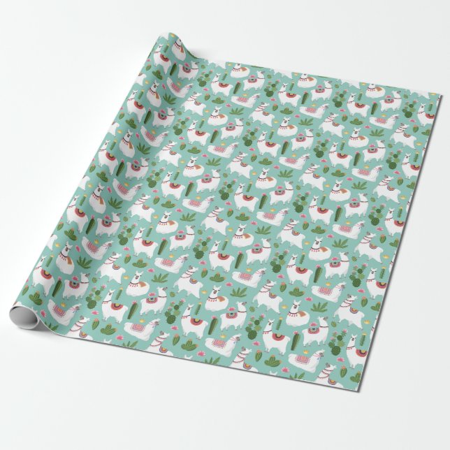 Papier Cadeau Lamas mignons sur le motif turquoise (Déroulé)