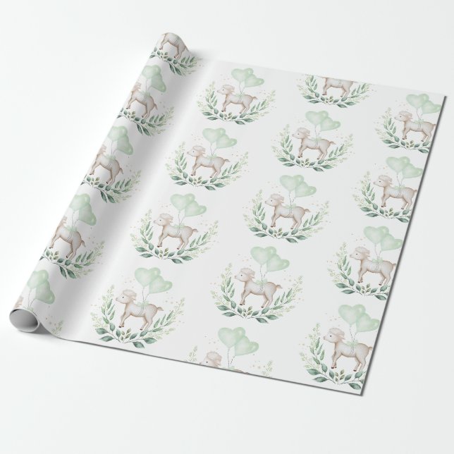 Papier Cadeau Lamb moderne mouton bébé avec Balloon & verdure (Déroulé)