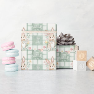 Papier Cadeau  Lapin à l'aquarelle douce & Gingham de sauge 